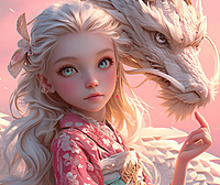 迪士尼动画的风格女孩,拥有飘逸的长发,与一条精细刻画的中国龙,在光影下栩栩如生