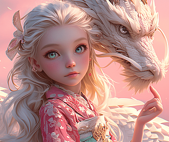 迪士尼动画的风格女孩,拥有飘逸的长发,与一条精细刻画的中国龙,在光影下栩栩如生