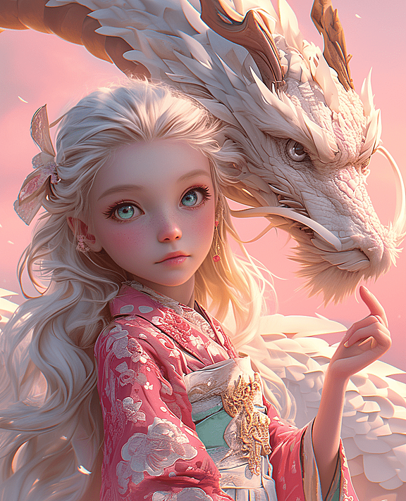迪士尼动画的风格女孩,拥有飘逸的长发,与一条精细刻画的中国龙,在光影下栩栩如生