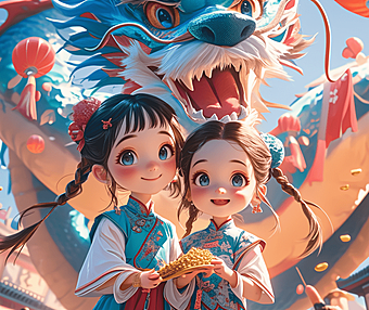 中国新年的场景，两个五岁女孩站，穿着传统的中国服装庆祝