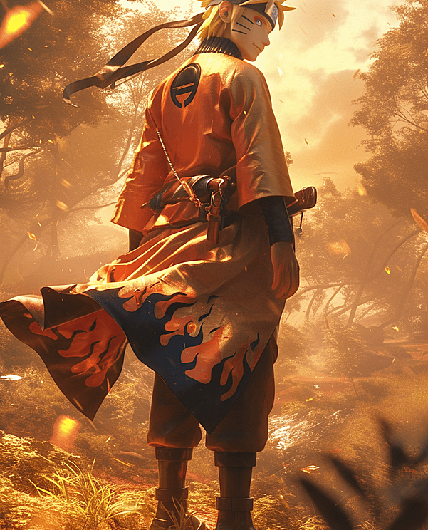 唯美的森林中，火影忍者鸣人在黄昏的情景中留下帅气的身影