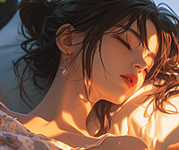 在这幅温馨的动漫画面中，女子正在安静的睡觉。