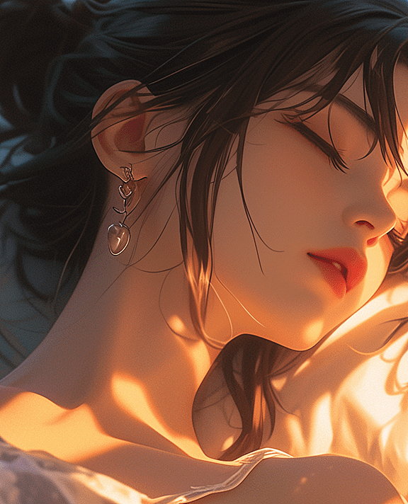 在这幅温馨的动漫画面中，女子正在安静的睡觉。