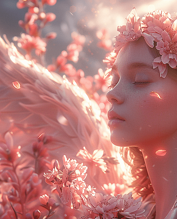 一位天使在粉色的天空中飘浮，这不仅是一幅画，更像是一场关于灵魂净化的仪式。