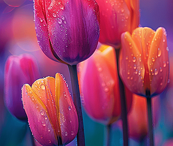 追逐着夕阳的余辉，眼前一片五彩郁金香花田被露水轻柔的覆盖着