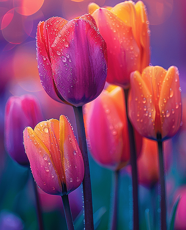 追逐着夕阳的余辉，眼前一片五彩郁金香花田被露水轻柔的覆盖着