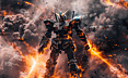 在一场熊熊燃烧的火焰中，高达机甲以史诗般风格屹立着，强烈的情感氛围在画面中流淌。