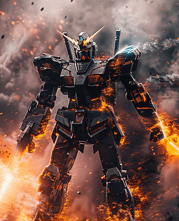 在一场熊熊燃烧的火焰中，高达机甲以史诗般风格屹立着，强烈的情感氛围在画面中流淌。