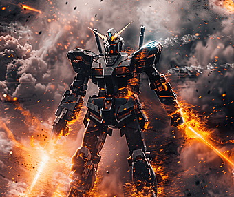 在一场熊熊燃烧的火焰中,高达机甲以史诗般风格屹立着,强烈的情感氛围在画面中流淌。