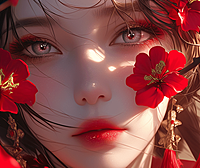 一位大眼睛的女子被红花环绕，神态优雅，勾勒出了一幅让人难以置信的美丽画卷。