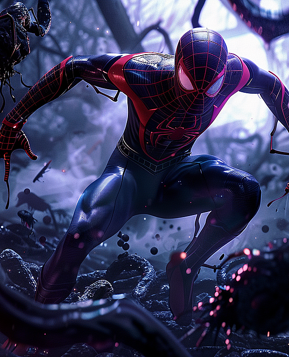 《漫威蜘蛛侠》游戏风格，被黑色的粘液触手包围，每一丝触手都栩栩如生，紧张刺激的战斗。