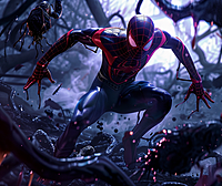 《漫威蜘蛛侠》游戏风格,被黑色的粘液触手包围,每一丝触手都栩栩如生,紧张刺激的战斗。