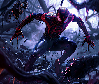 《漫威蜘蛛侠》游戏风格,被黑色的粘液触手包围,每一丝触手都栩栩如生,紧张刺激的战斗。