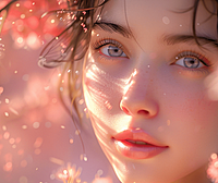 一位年轻女子靠着绽放的花朵墙纸，整个画面柔和而梦幻，宛如一个温柔的梦境。