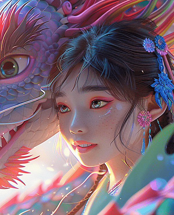 一条彩虹龙环绕着可爱的小女孩，她身着华丽的汉服，与彩虹龙相映成趣。