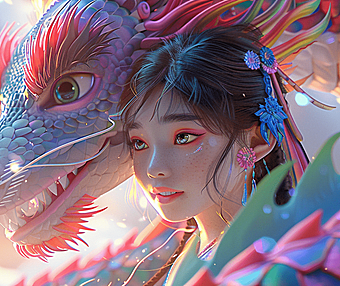 一条彩虹龙环绕着可爱的小女孩,她身着华丽的汉服,与彩虹龙相映成趣。