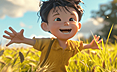 男孩正开心地在麦田中奔跑，夏日的阳光洒在麦浪间，映衬出无限生机。