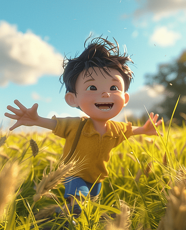 男孩正开心地在麦田中奔跑,夏日的阳光洒在麦浪间,映衬出无限生机。