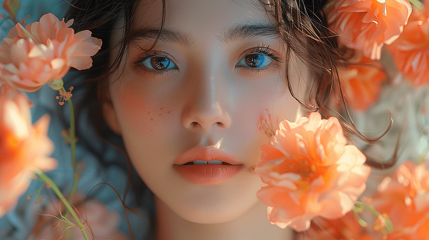 一位少女与五彩缤纷的花朵交织在一起，格外的唯美