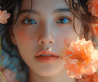 一位少女与五彩缤纷的花朵交织在一起，格外的唯美