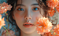 一位少女与五彩缤纷的花朵交织在一起，格外的唯美