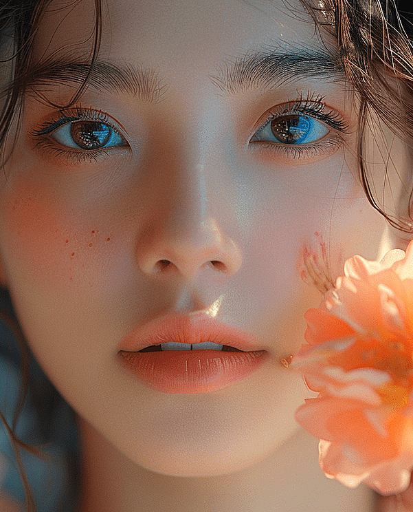 一位少女与五彩缤纷的花朵交织在一起，格外的唯美