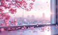 窗外盛开的樱花树与窗台上的粉红色樱花瓣形成了一幅温柔的画面