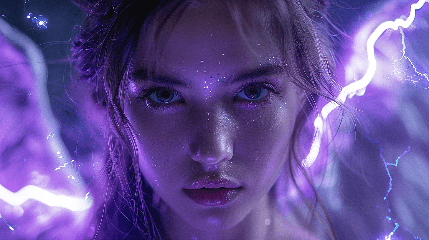 一位紫色风格的美女，有着神秘的翅膀，仿佛是天使降临人间