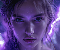 一位紫色风格的美女，有着神秘的翅膀，仿佛是天使降临人间