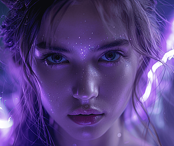 一位紫色风格的美女，有着神秘的翅膀，仿佛是天使降临人间