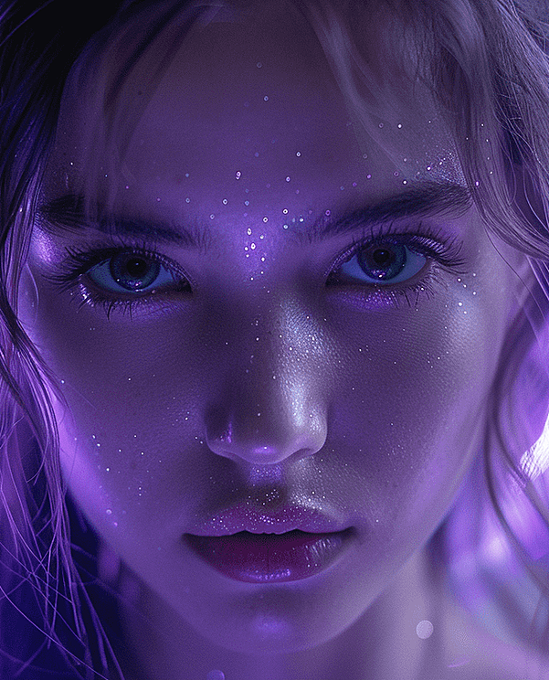 一位紫色风格的美女，有着神秘的翅膀，仿佛是天使降临人间