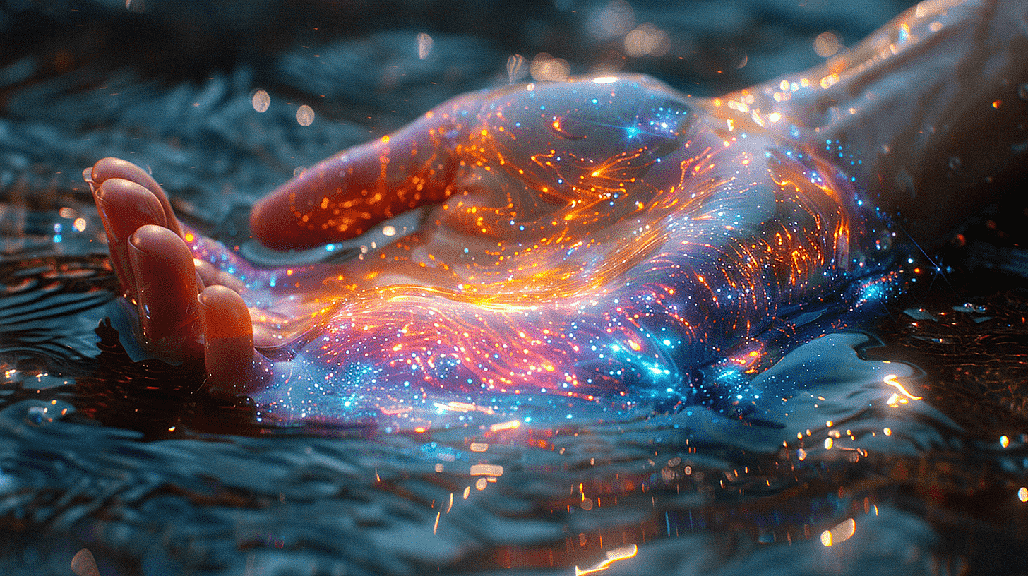 一双透明的玻璃手拖动着彩色的银河粒子，创造出一种超现实的视觉效果。