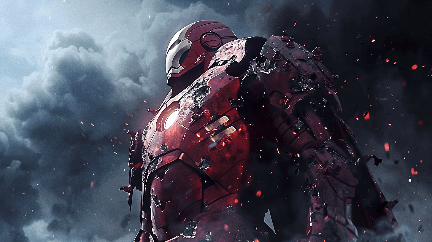 漫威钢铁侠，刚刚经历了一场惊心动魄的战斗，战甲布满了弹孔。