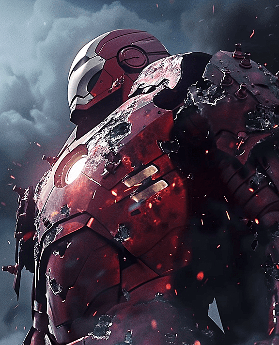 漫威钢铁侠，刚刚经历了一场惊心动魄的战斗，战甲布满了弹孔。