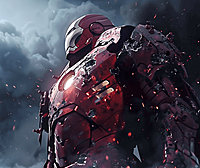 漫威钢铁侠,刚刚经历了一场惊心动魄的战斗,战甲布满了弹孔。