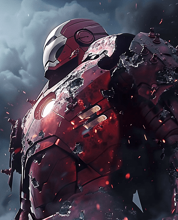 漫威钢铁侠,刚刚经历了一场惊心动魄的战斗,战甲布满了弹孔。