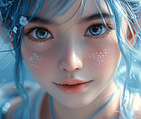 一位小女孩，脸上有着璀璨的蓝色妆容，仿佛是星空下的小精灵。