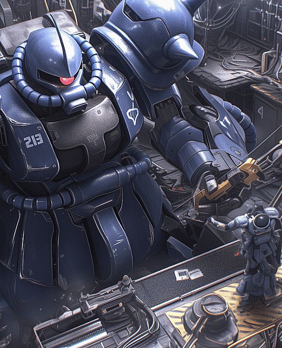 在基地深处，一台破损的高达蓝色扎古正在进行紧张的修复工作。