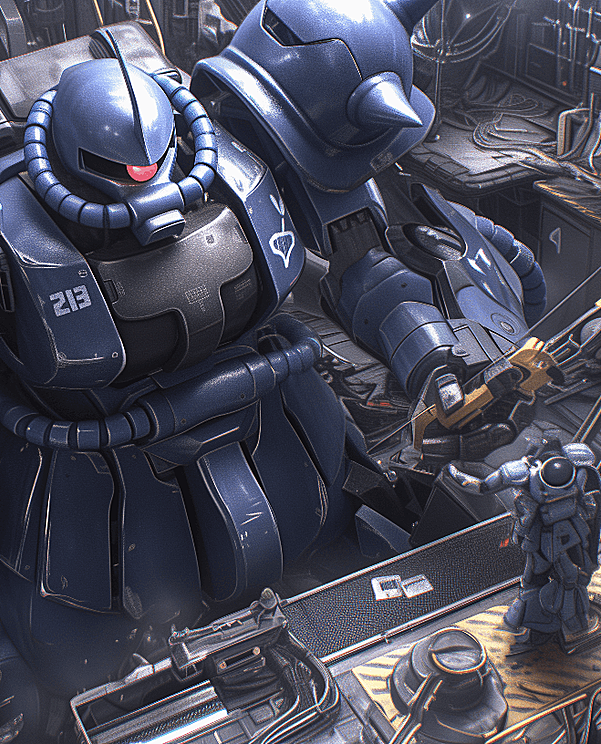 在基地深处，一台破损的高达蓝色扎古正在进行紧张的修复工作。