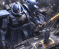 在基地深处,一台破损的高达蓝色扎古正在进行紧张的修复工作。