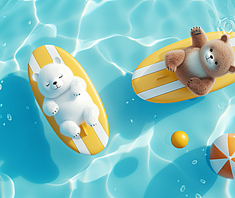 一只白色的北极熊和棕色的胖猫，在悠闲地躺在游泳池中晒太阳