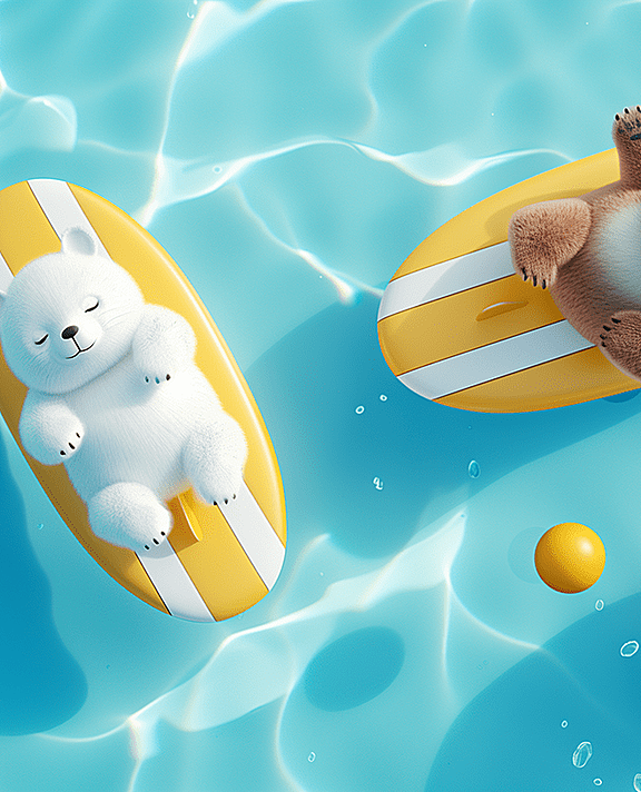 一只白色的北极熊和棕色的胖猫，在悠闲地躺在游泳池中晒太阳