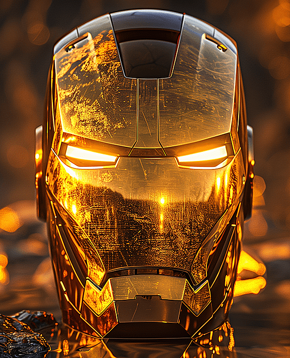 由金色大理石，精心雕琢而成的钢铁侠面具雕塑
