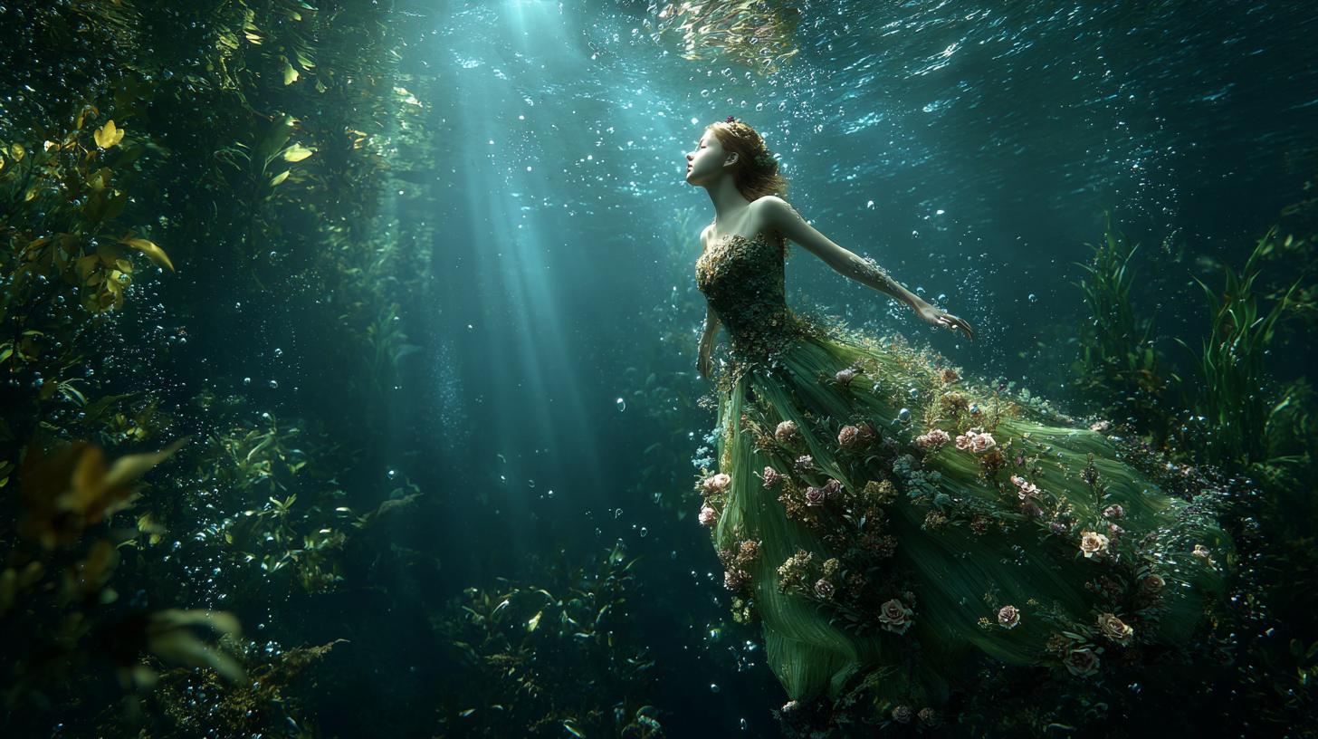 精灵少女森林湖中悬浮壁纸｜藤蔓花瓣裙与神圣光束的唯美意境