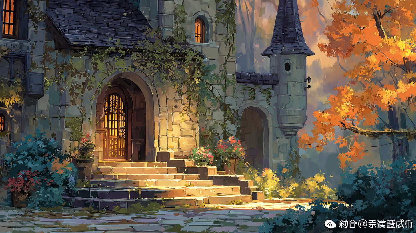暮色古堡治愈系壁纸：金色余晖下的宁静全景插画 | 4K高清