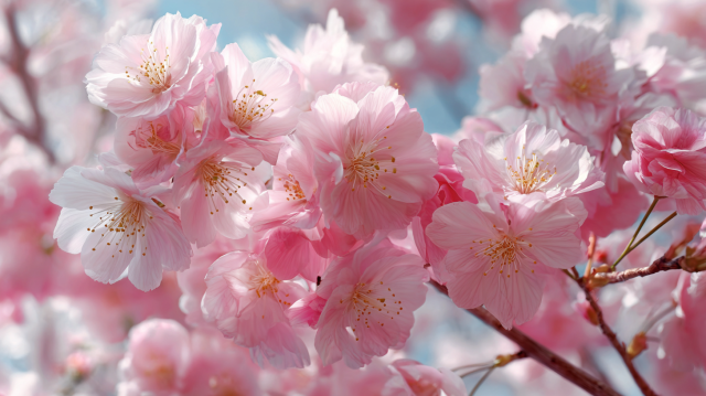 粉白樱花浮世绘壁纸:日式庭院晨光仰拍视角高清4K壁纸