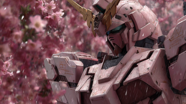 高达机甲樱花雨壁纸:赛璐珞风格下的未来与古典美学融合