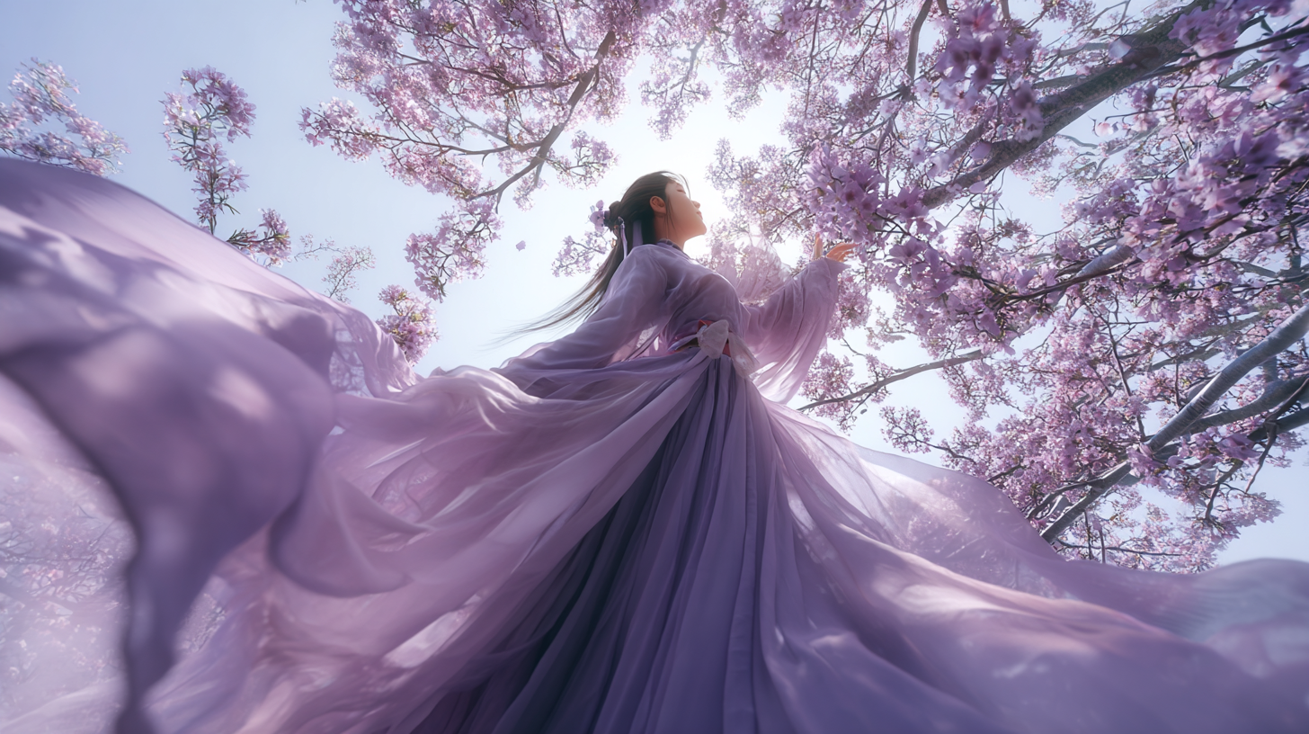 宫崎骏风格樱花动漫美女壁纸 | 4K高清梦幻粉紫色水彩质感