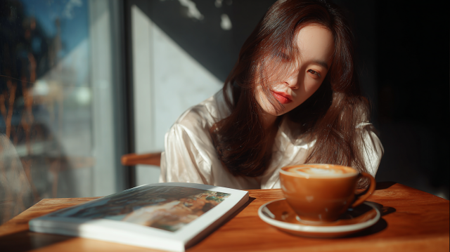 咖啡馆阅读时光美女壁纸：晨光、拿铁与文艺氛围特写 | 4K高清桌面背景