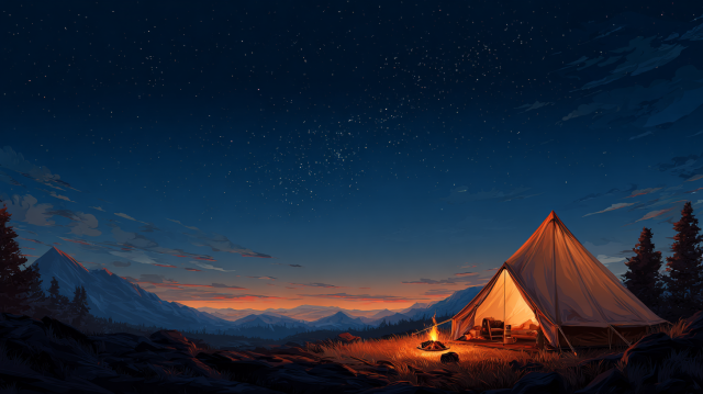 星空下的温馨露营帐篷壁纸 – 深蓝与暖橙交织的宁静自然画面